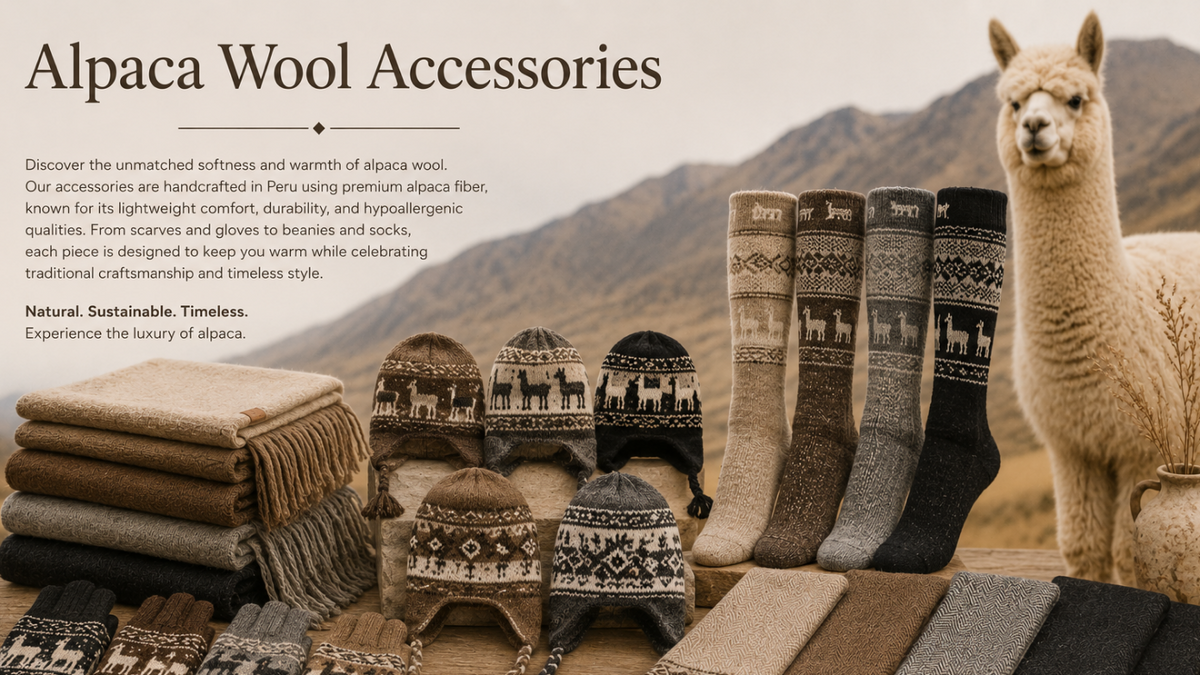 Alpaca wool accessories displayed on a table in a mountain setting, including patterned socks, scarves, gloves, and a folded knit garment, with an alpaca standing beside the display. Text at the top reads 'Alpaca Wool Accessories.
