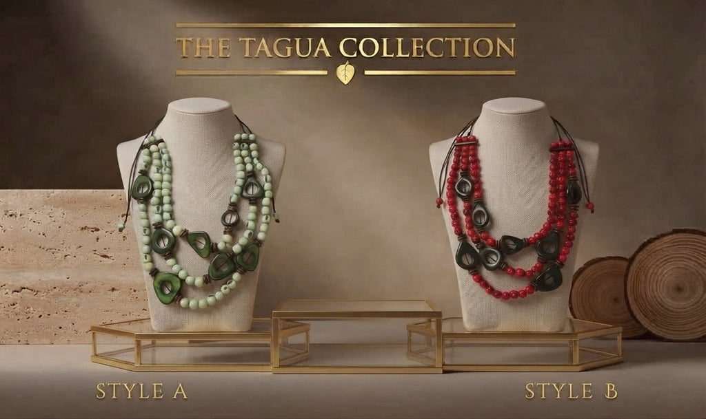 Two multi-strand beaded necklaces displayed on mannequin busts against a warm brown textured background. The left necklace, labeled Style A, features light green beads with dark green tagua accents.