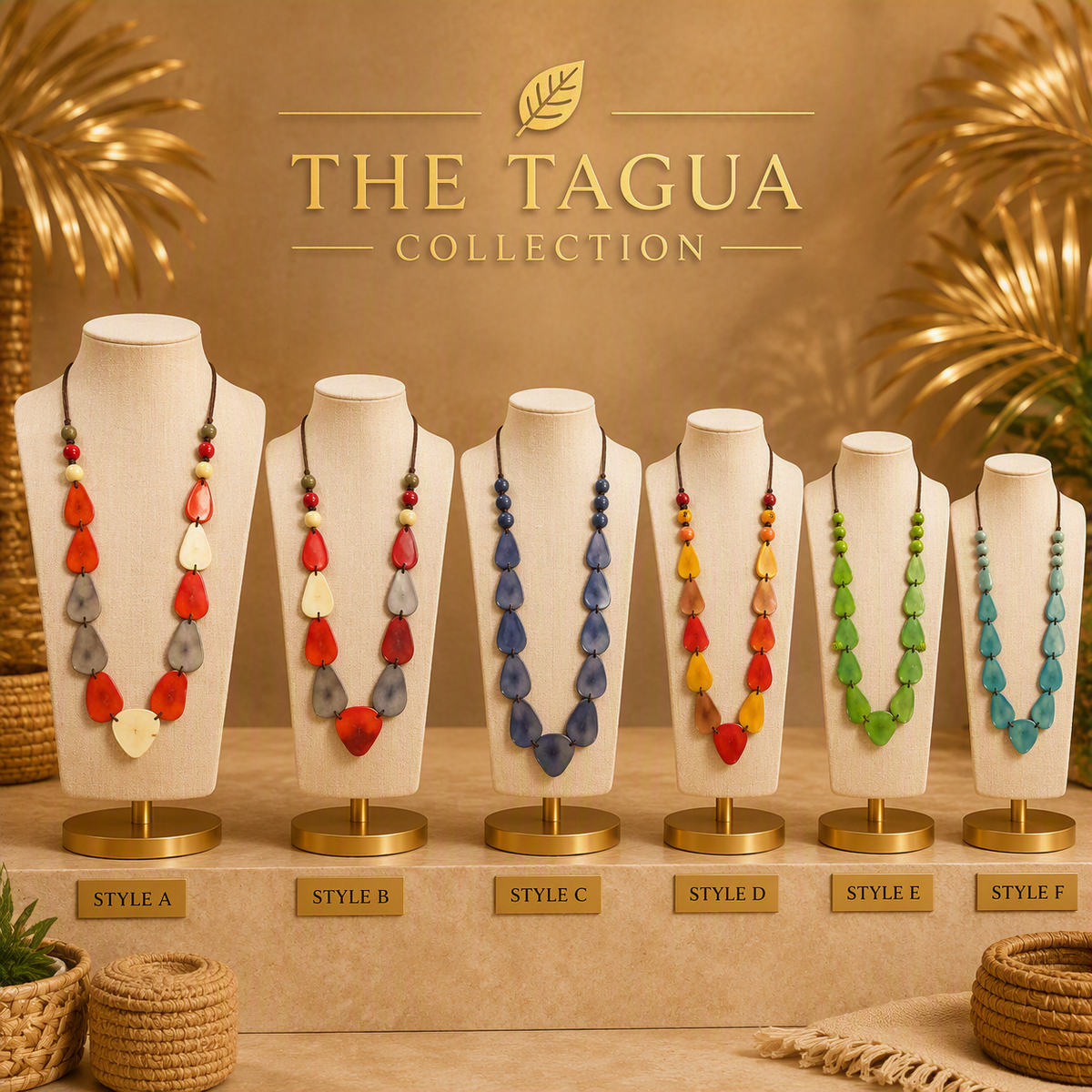 Six beaded statement necklaces displayed on cream mannequin busts labeled Style A through Style F, arranged on a beige pedestal with a warm gold background and the text 'THE TAGUA COLLECTION' above.