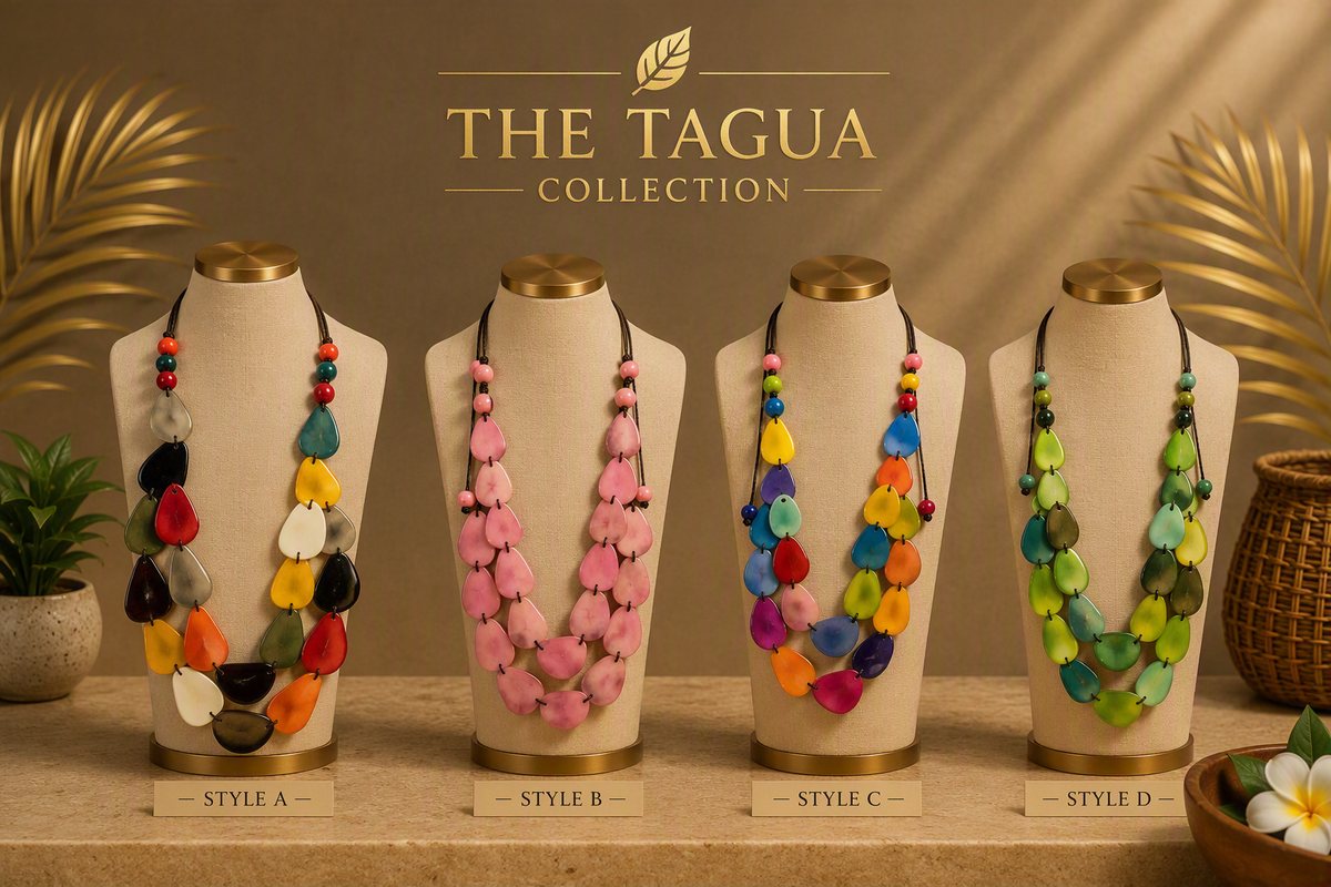 Four colorful statement necklaces displayed on beige mannequin busts against a warm brown backdrop, with the text 'THE TAGUA COLLECTION' at the top and labels 'STYLE A', 'STYLE B', 'STYLE C', and 'STYLE D' below each necklace.