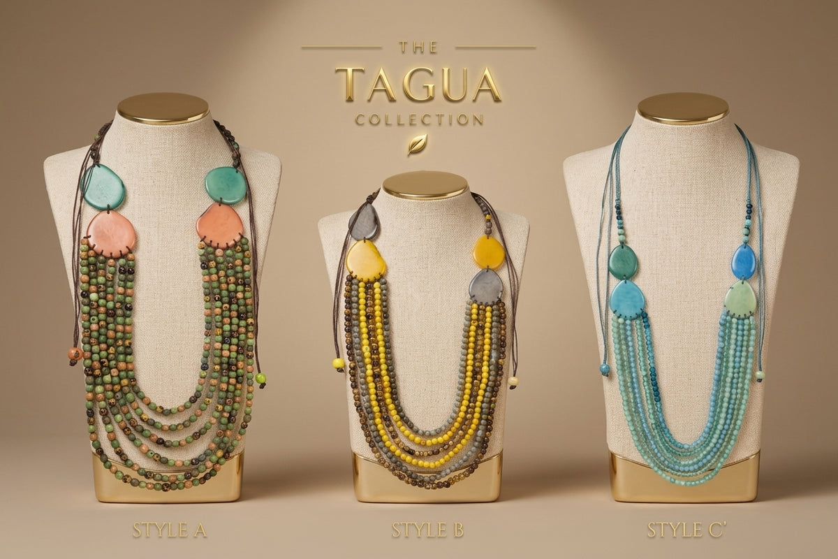 Three multi-strand beaded necklaces displayed on beige mannequin busts against a warm beige background, with the text 'THE TAGUA COLLECTION' at the top and labels 'STYLE A', 'STYLE B', and 'STYLE C' at the bottom.