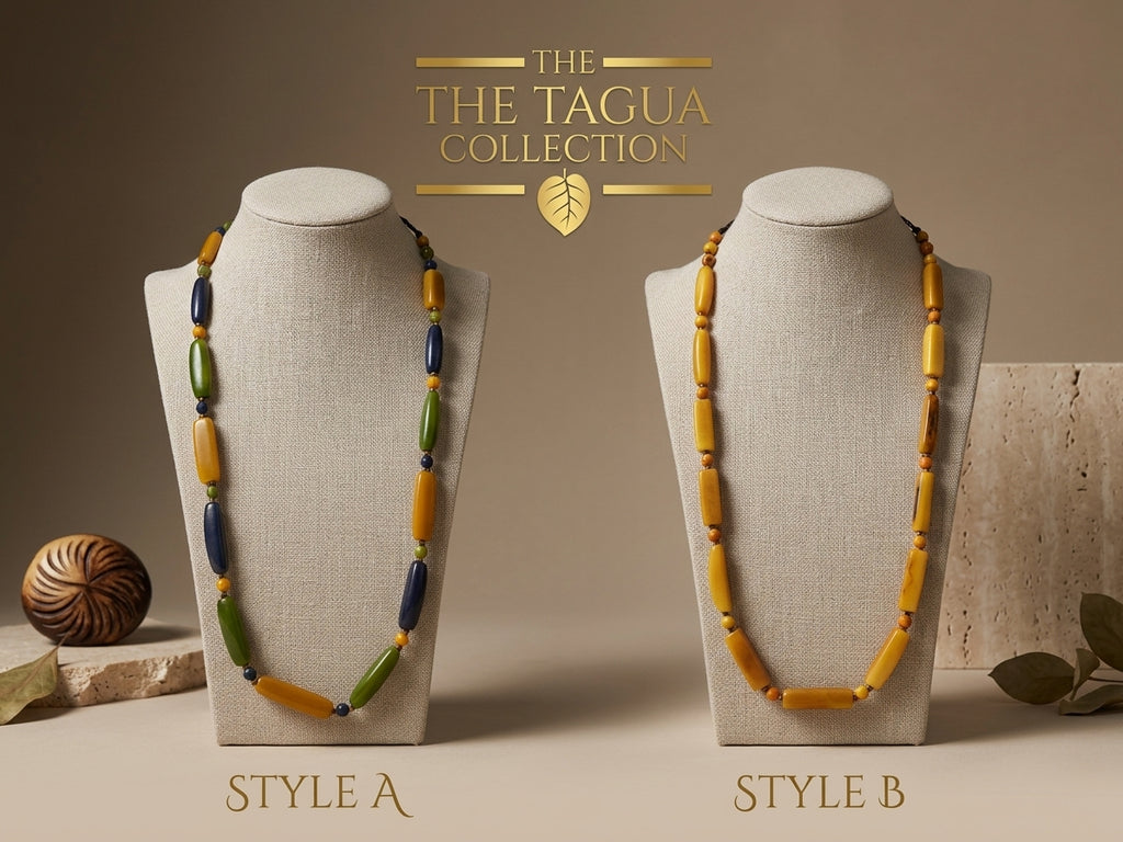 Two beaded necklaces displayed on beige fabric mannequin busts against a warm brown studio background. The left necklace, labeled Style A, features alternating yellow, green, and dark blue beads.