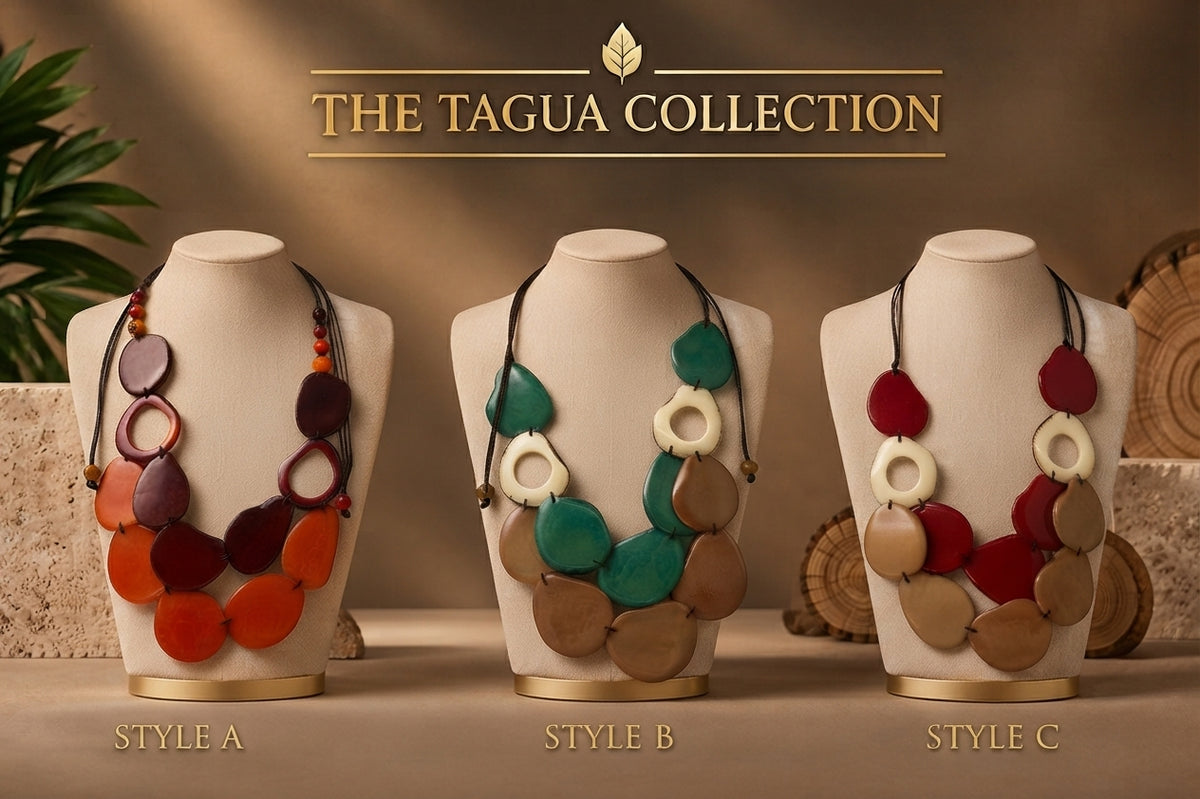 Three Tagua-style necklaces displayed on cream jewelry busts against a warm brown studio background. The top reads 'THE TAGUA COLLECTION,' and the bottom labels the styles as Style A, Style B, and Style C.