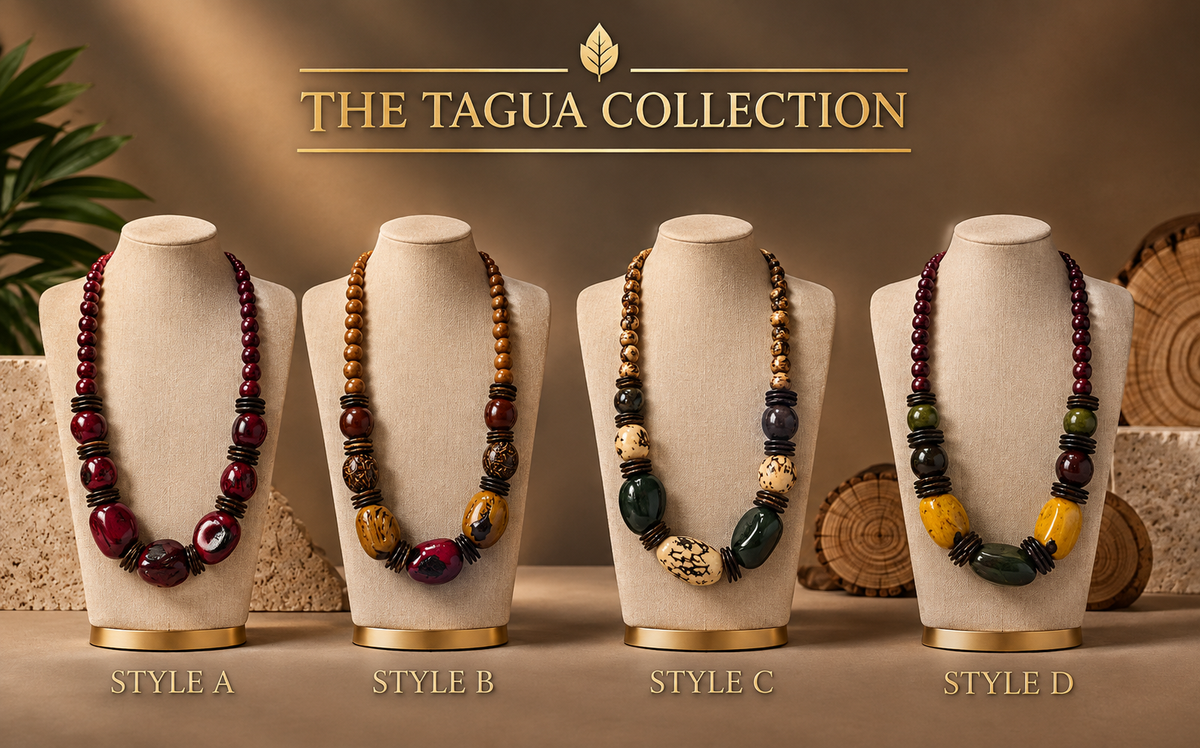 Four beaded statement necklaces displayed on cream jewelry busts under the heading 'THE TAGUA COLLECTION'. The necklaces, labeled Style A through Style D, feature various combinations of dark red, brown, green, yellow, and black beads.