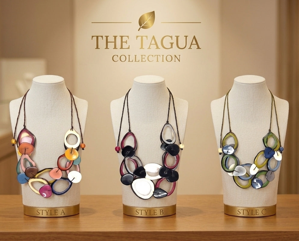 Three statement necklaces displayed on white mannequin busts labeled Style A, Style B, and Style C, with 'THE TAGUA COLLECTION' text on a beige background.