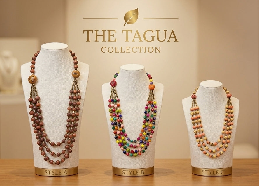 Three beaded necklaces displayed on white mannequin busts labeled Style A, Style B, and Style C, with 'THE TAGUA COLLECTION' text above on a warm beige background.