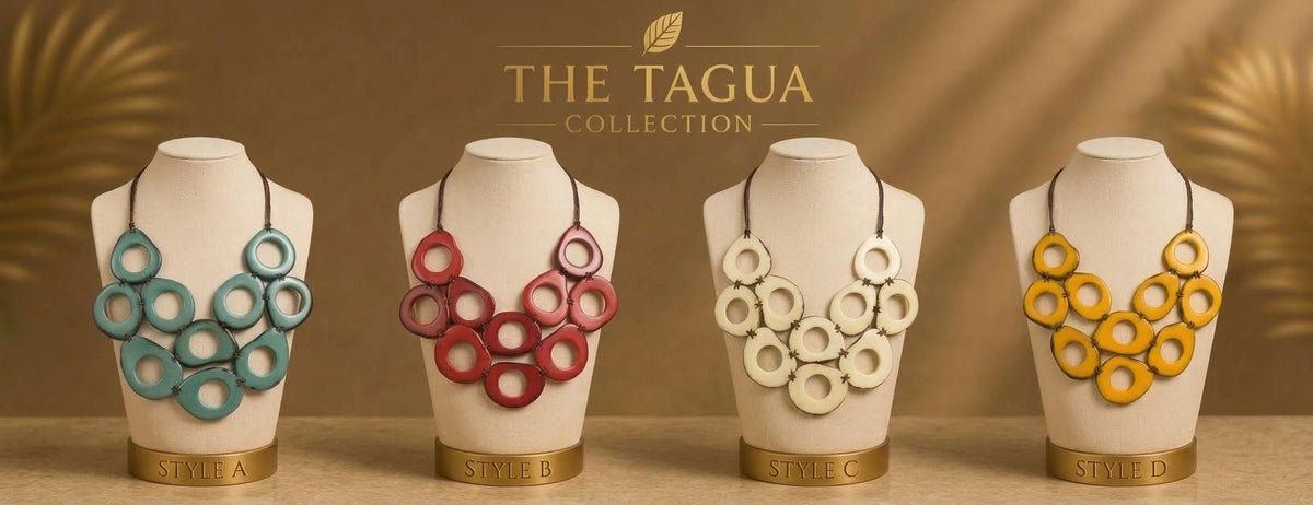 Four statement necklaces with circular layered designs displayed on cream mannequin busts against a warm brown background. The necklaces come in blue, red, white, and yellow colorways, with 'THE TAGUA COLLECTION' text and gold leaf graphics at the top.