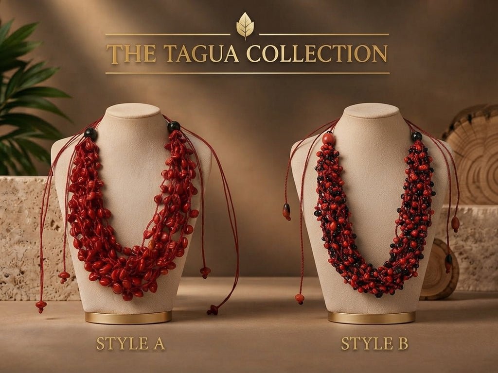 Two red beaded multi-strand necklaces displayed on cream mannequin busts against a warm brown background. The necklaces are labeled Style A and Style B, with 'THE TAGUA COLLECTION' text at the top.