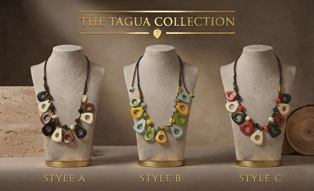 Three necklace styles displayed on beige mannequin busts under the heading 'THE TAGUA COLLECTION'. Style A has dark brown cords with black, white, and brown geometric beads.