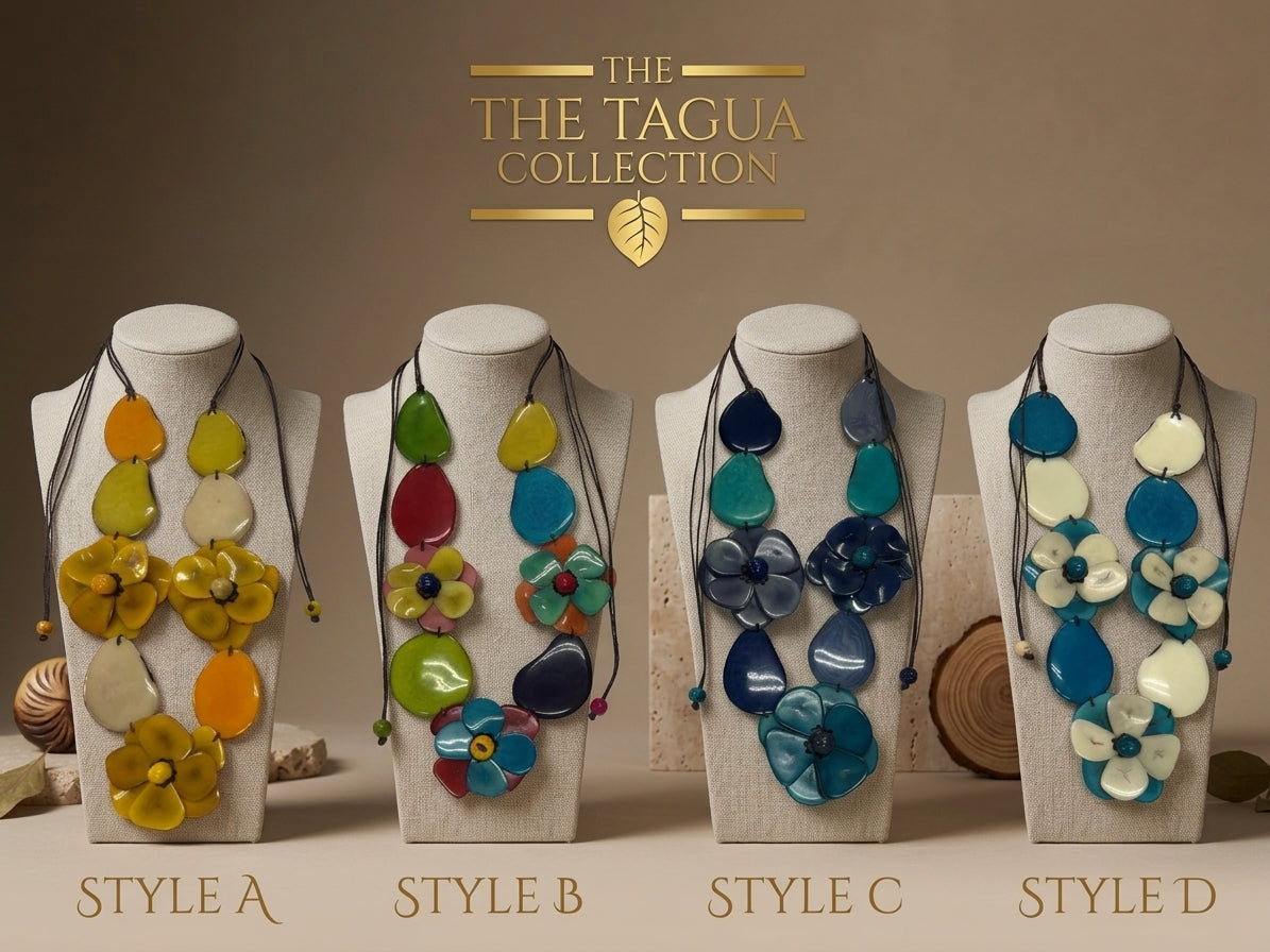 Four colorful tagua pendant necklaces displayed on white mannequin busts against a warm brown background, with the text 'THE TAGUA COLLECTION' at the top and 'STYLE A STYLE B STYLE C STYLE D' at the bottom.