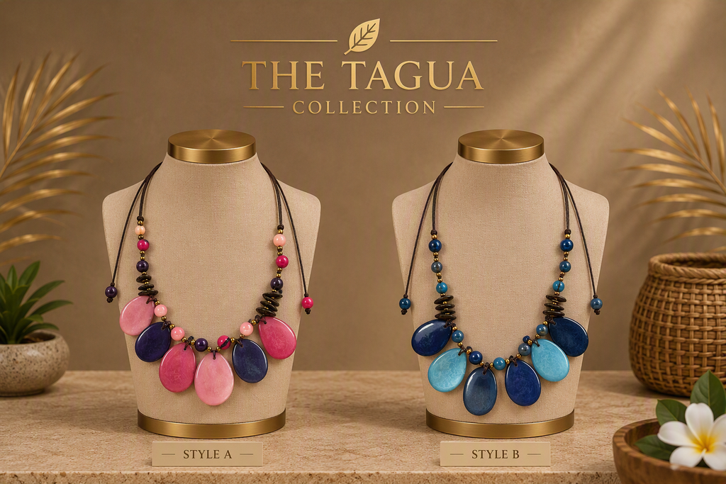 Two beaded statement necklaces displayed on beige jewelry busts against a warm brown backdrop. The left necklace, labeled Style A, features pink and purple teardrop beads with black and pink spacer beads.