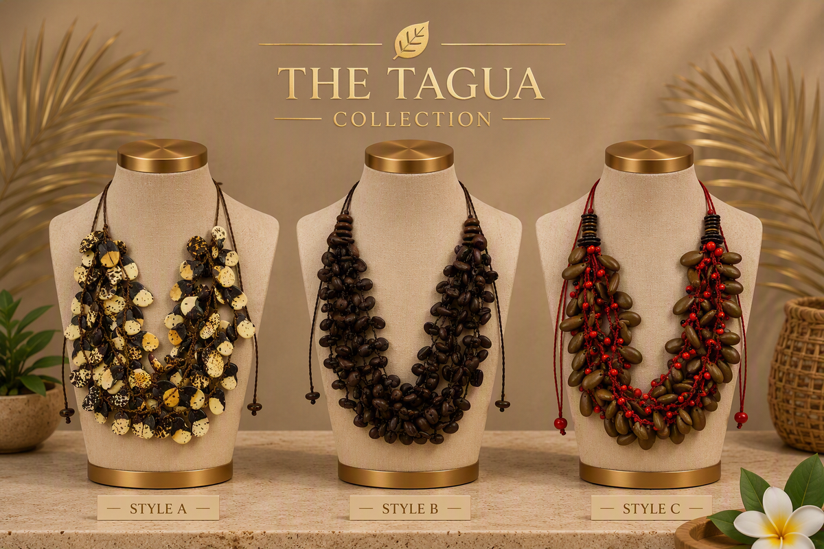 Three layered beaded necklaces displayed on cream mannequin busts against a warm beige background with decorative palm leaves. The necklaces are labeled Style A, Style B, and Style C under the brand name 'THE TAGUA COLLECTION'.