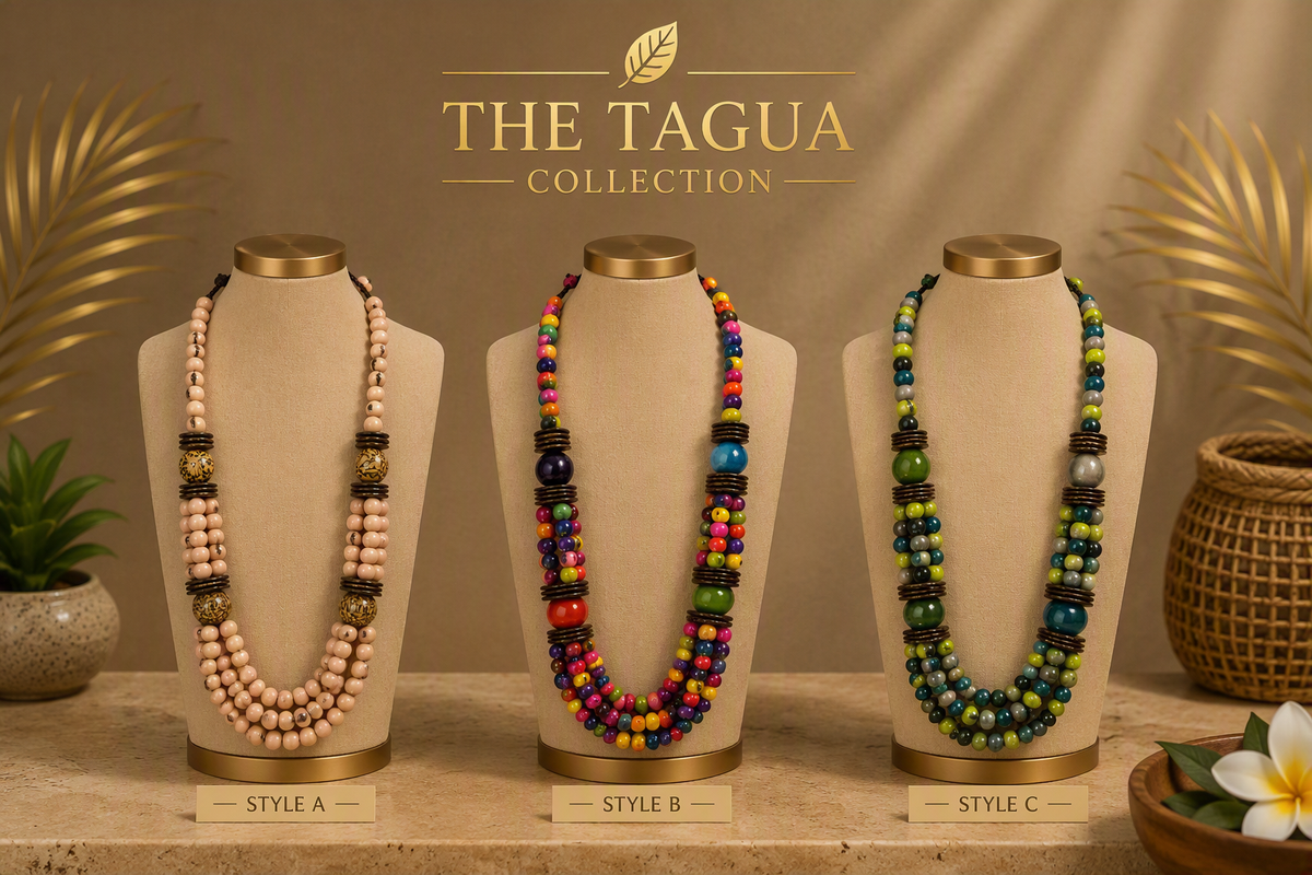 Three beaded necklaces displayed on beige jewelry busts against a warm brown backdrop, with the text 'THE TAGUA COLLECTION' above. The necklaces are labeled Style A, Style B, and Style C, featuring different bead combinations in pink, multicolor, and green tones.